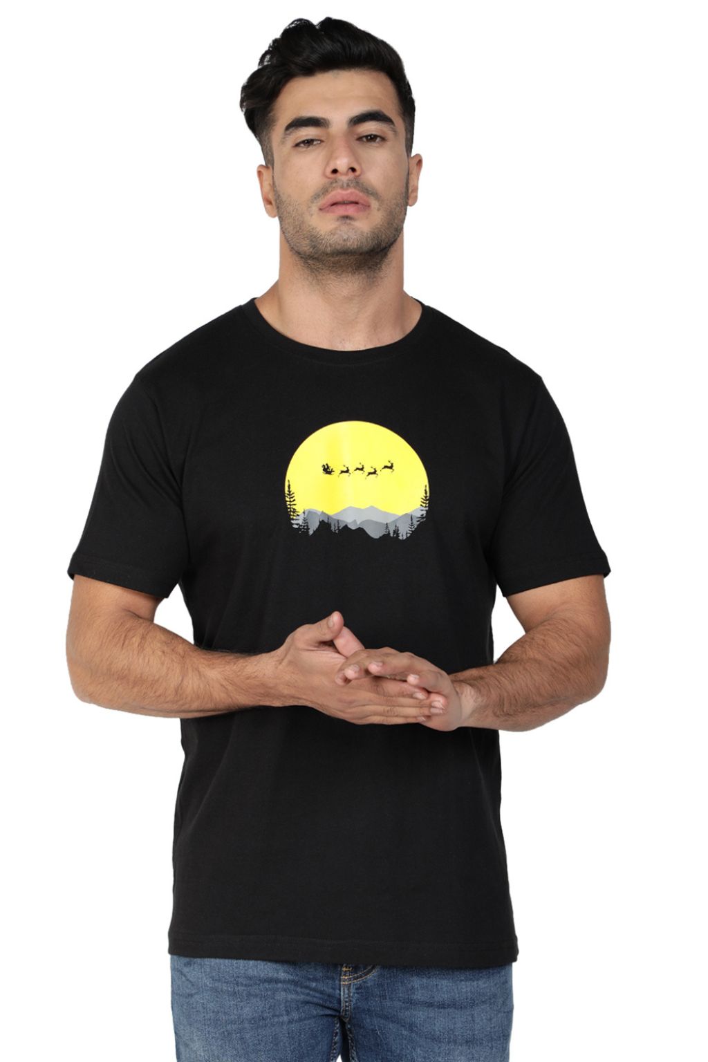 Black Christmas Printed Cotton T-shirt for Men