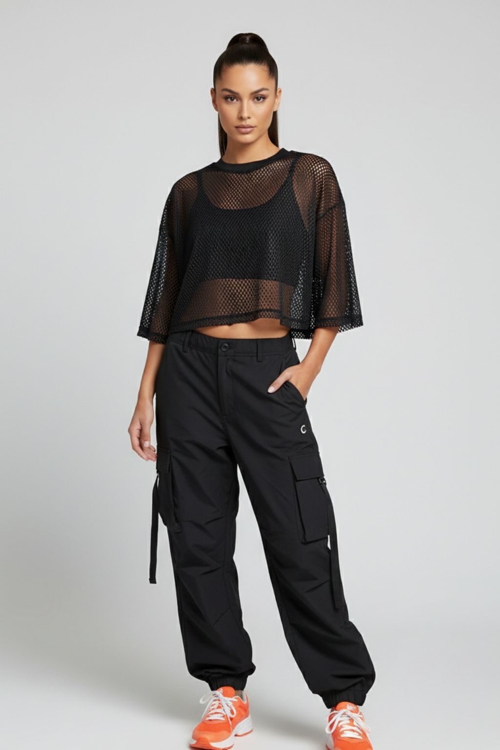 Black Mesh Oversized Crop Top