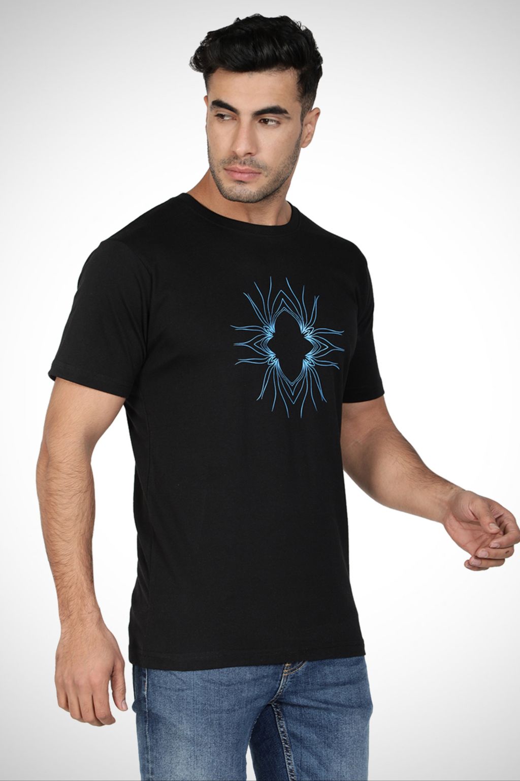 Black Mandala Printed Cotton T-shirt for Men