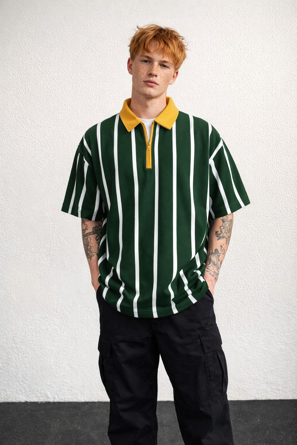 Green Striped Oversized Quarter-Zip Polo T-Shirt