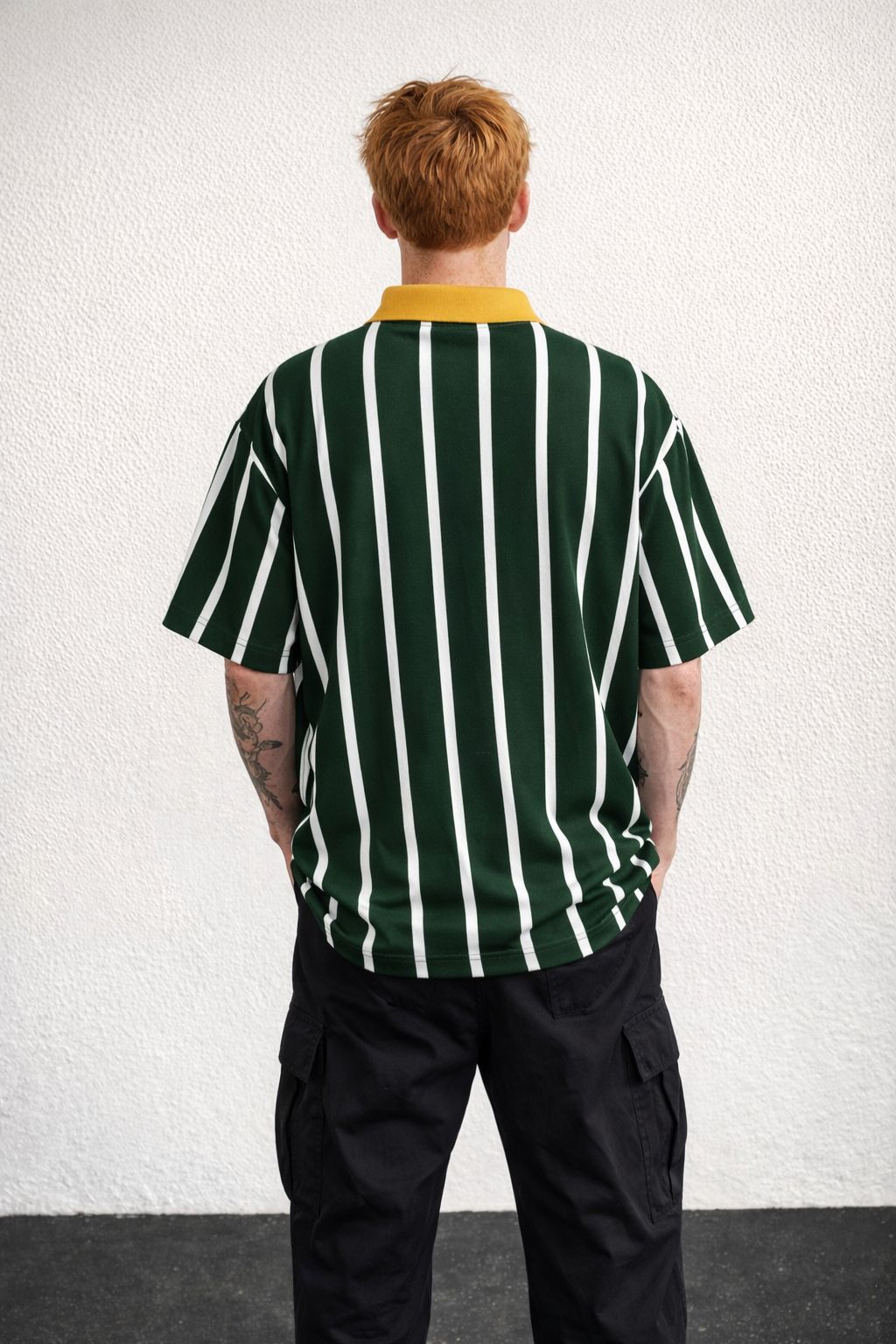 Green Striped Oversized Quarter-Zip Polo T-Shirt