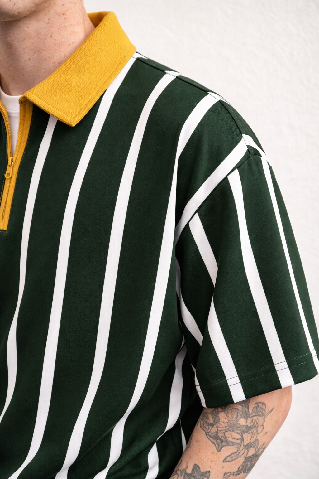 Green Striped Oversized Quarter-Zip Polo T-Shirt