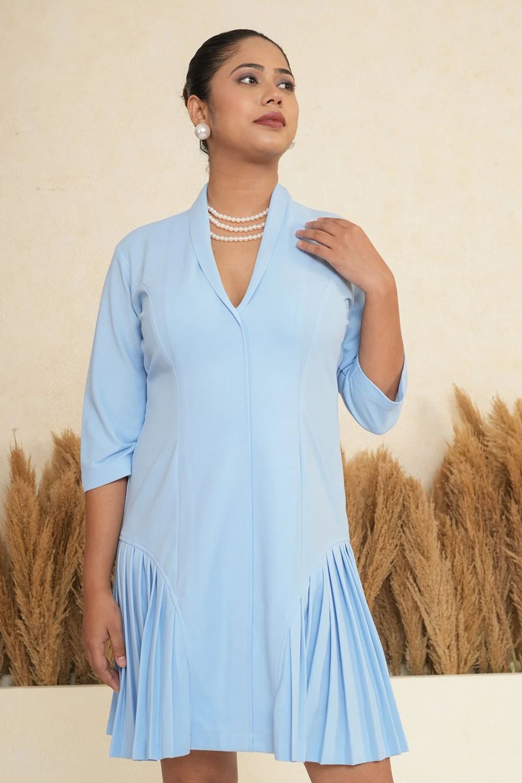 Aakaashi Pleated Hem Shift Sky Blue Dress