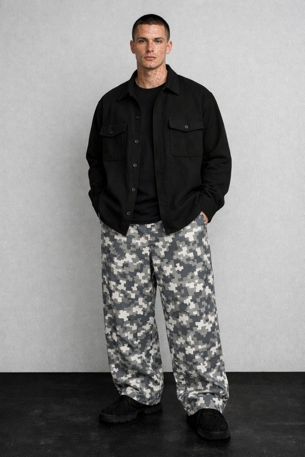 Urban Grey Digital Camo Loose Fit Canvas Trousers