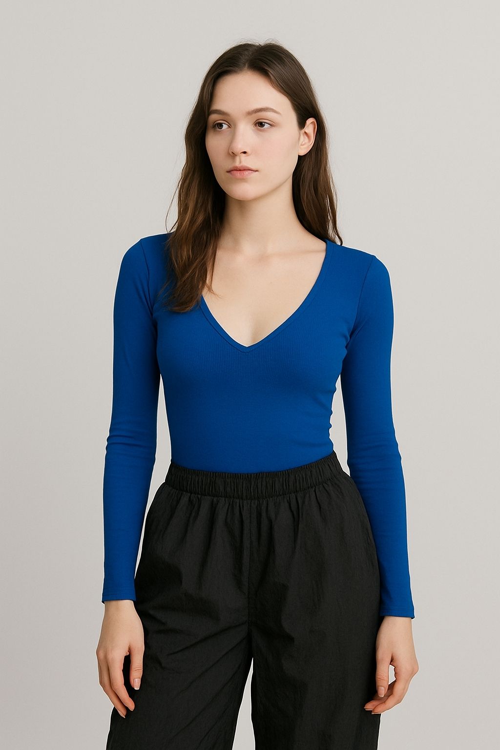 Deep-Neck Long Sleeve Top