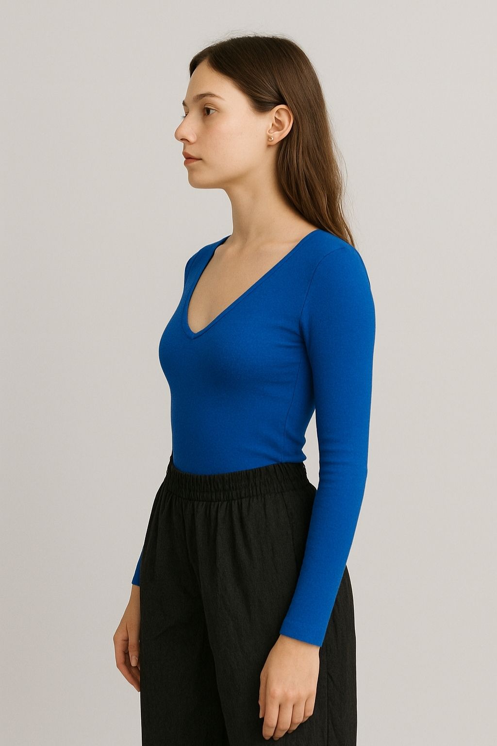 Deep-Neck Long Sleeve Top