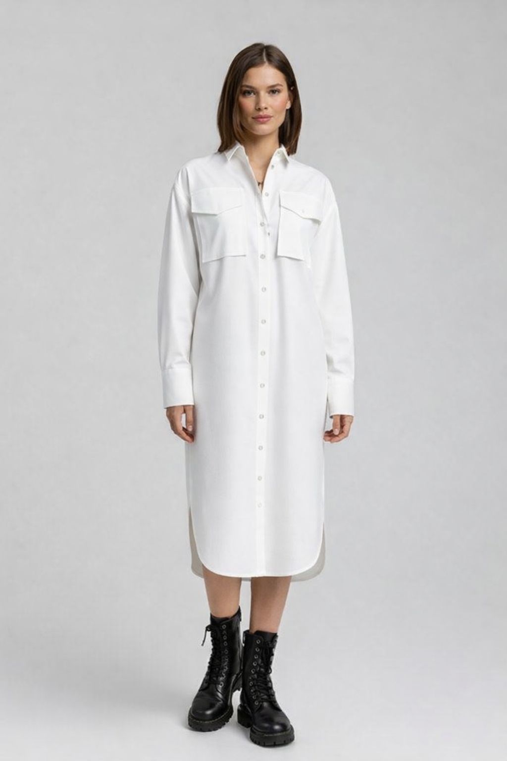 Women’s Oversized Shirt Dress – Long Sleeve Utility Midi Dress