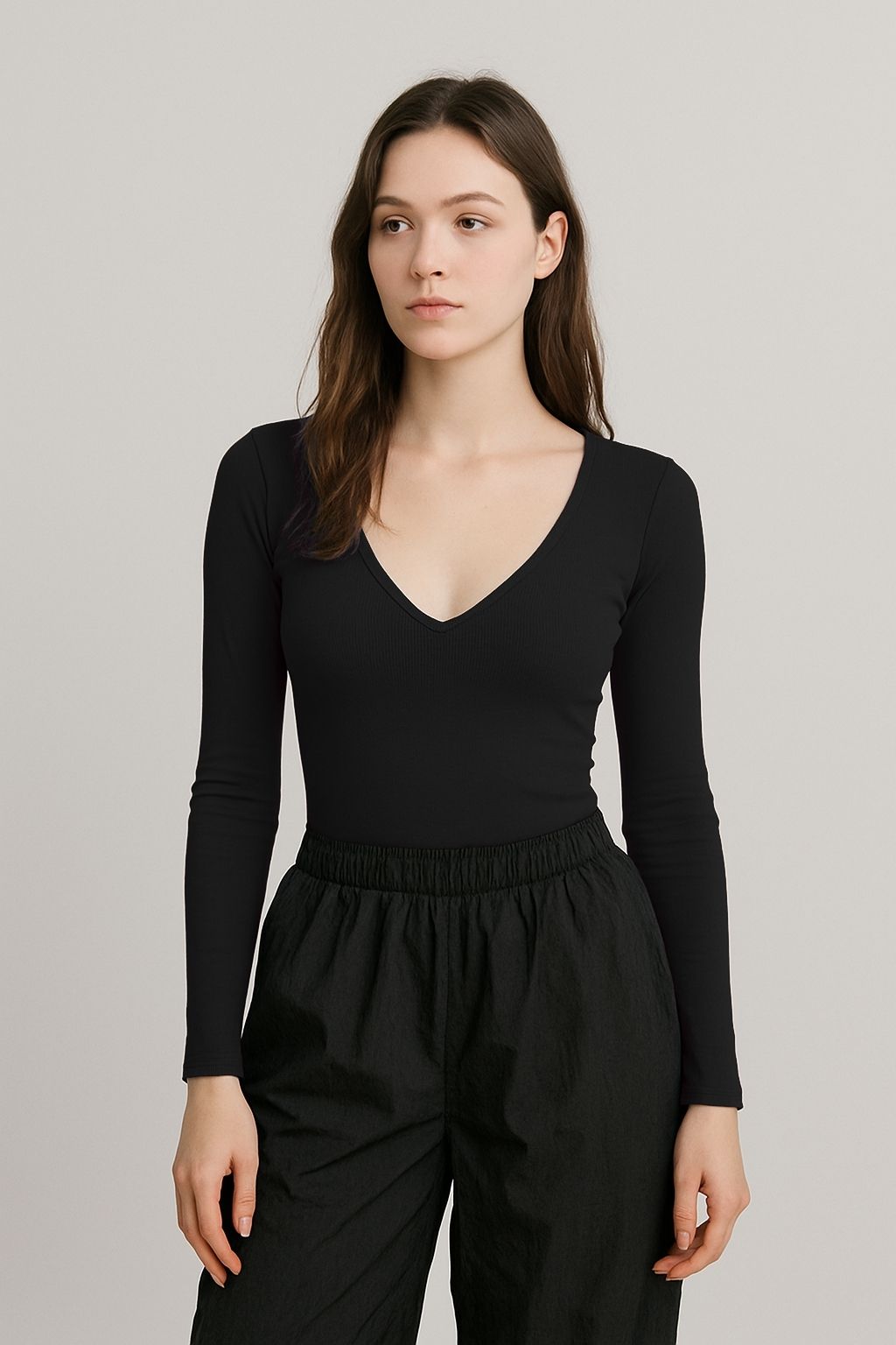 Deep-Neck Long Sleeve Top
