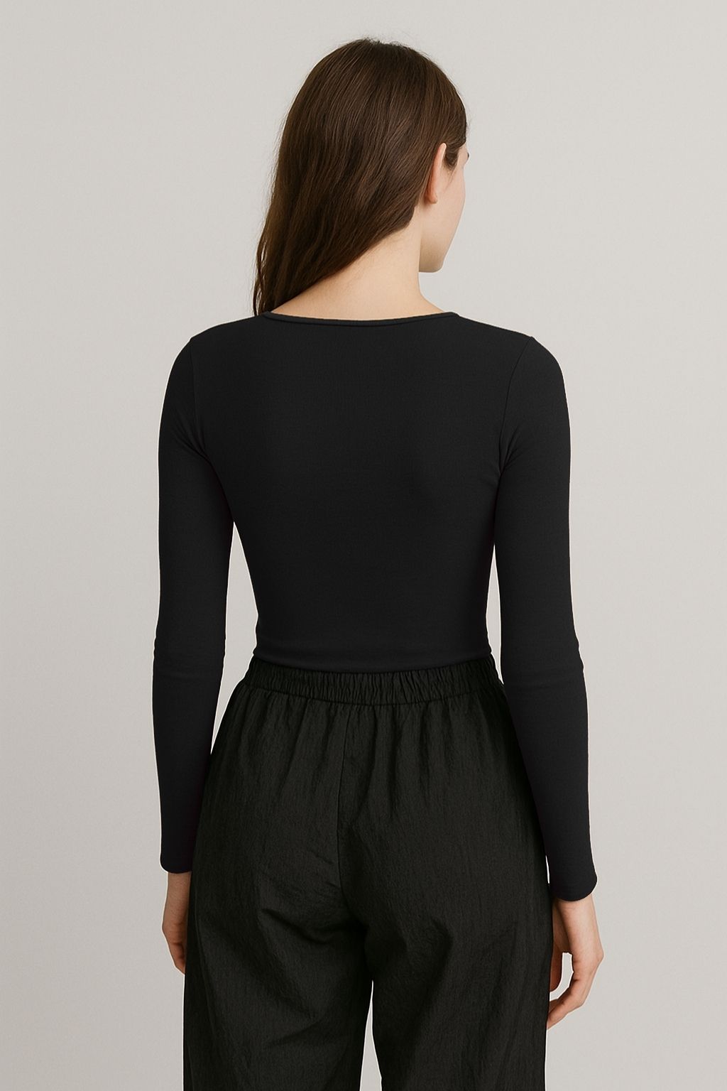 Deep-Neck Long Sleeve Top