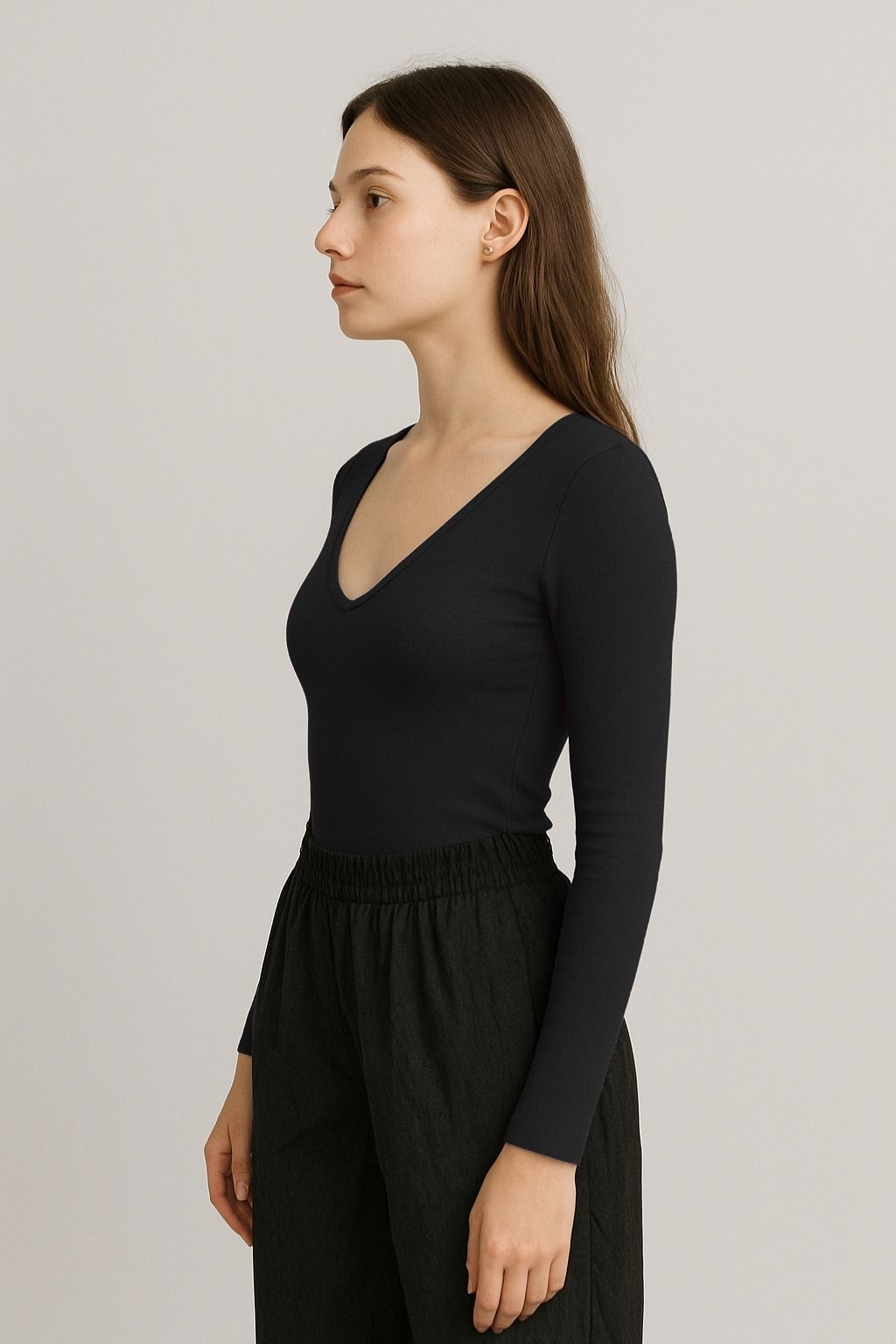 Deep-Neck Long Sleeve Top