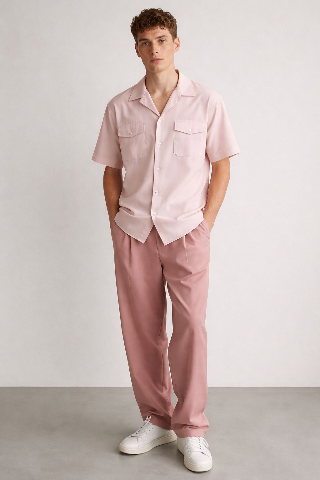 Men’s Pink Cuban Collar Co-ord Set – Loose Fit Shirt & Trouser