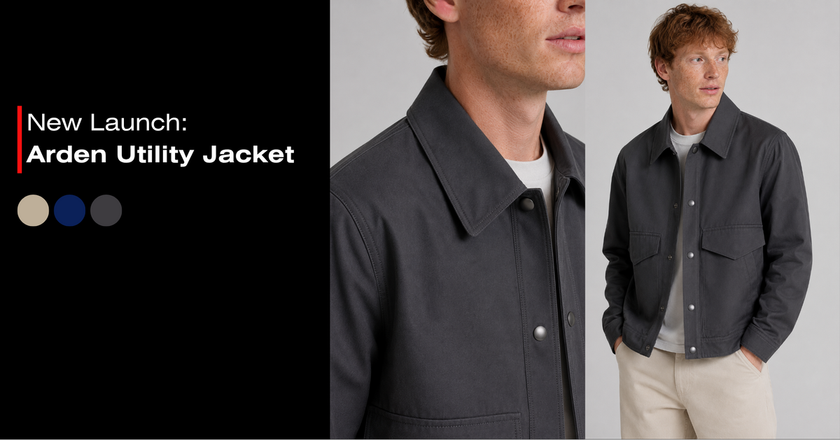 Promotional banner for the Arden Utility Jacket, featuring a model wearing the dark charcoal utility jacket in a studio setting, alongside a black text panel that reads 'New Launch: Arden Utility Jacket' with three color swatches.