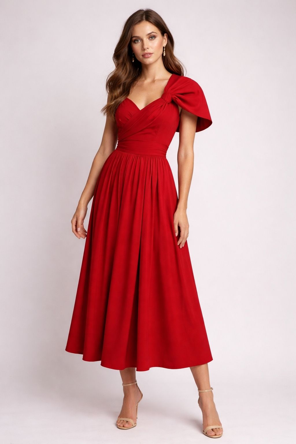 Women’s Elegant Red Midi Dress – One Shoulder Draped Evening Dress