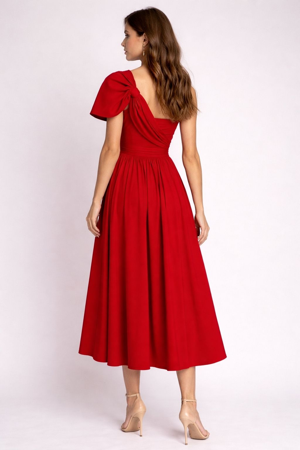 Women’s Elegant Red Midi Dress – One Shoulder Draped Evening Dress