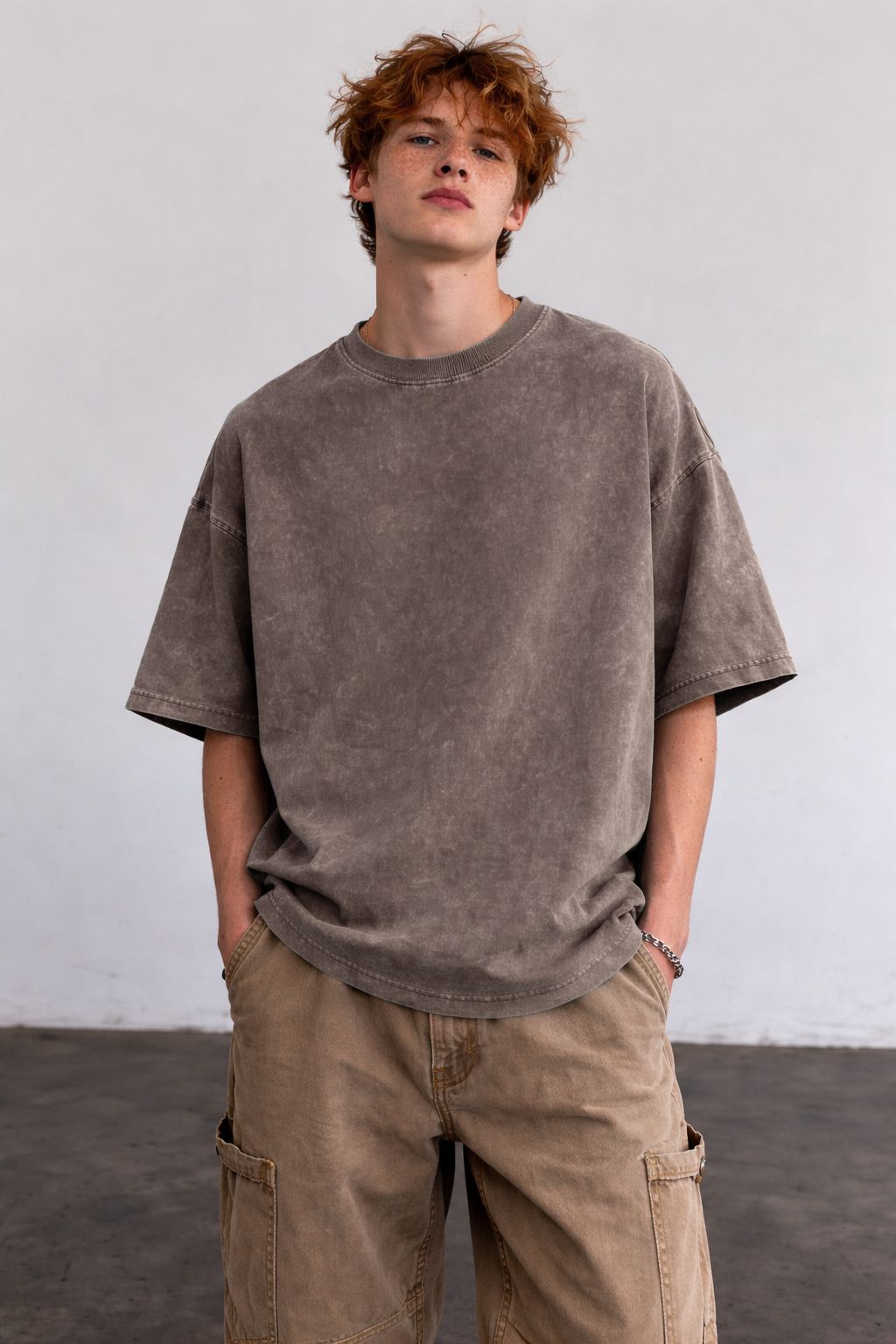 Oversized Brown Washed Cotton Printed T-Shirt