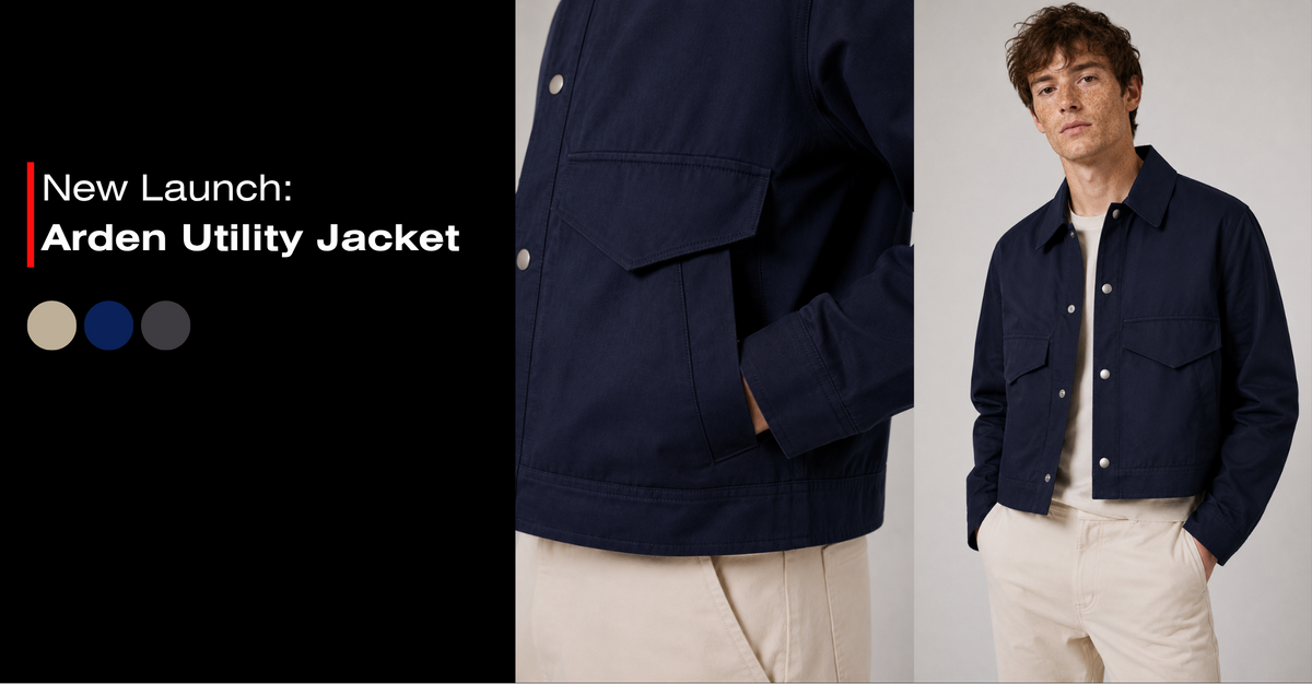 Promotional banner for the Arden Utility Jacket, featuring a model wearing a navy blue jacket with beige trousers, a close-up of the jacket fabric, and text reading 'New Launch: Arden Utility Jacket' on a black background.