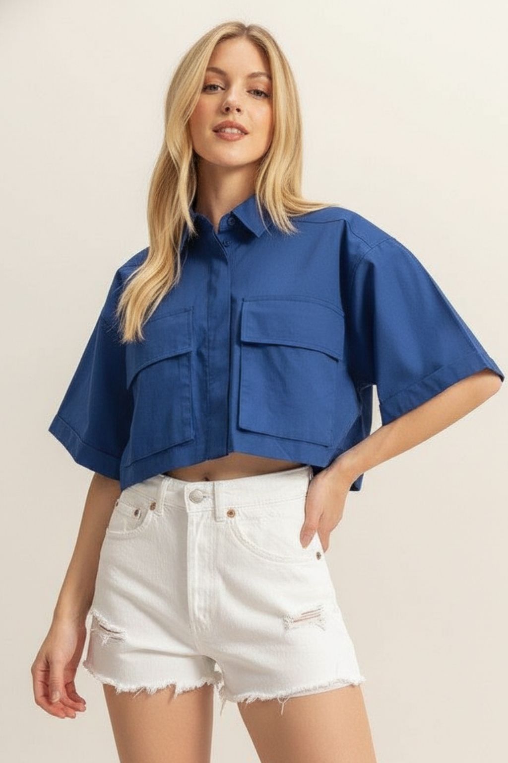 Women’s Cropped Utility Shirt – Oversized Half Sleeve Button-Up Top