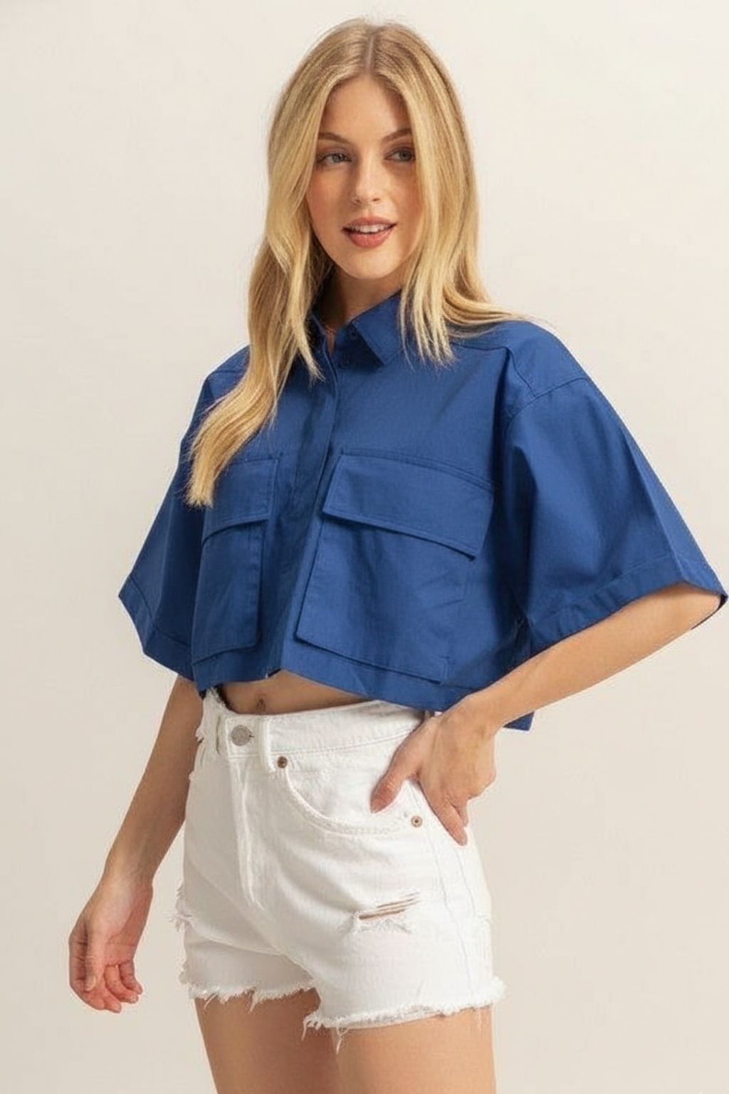 Women’s Cropped Utility Shirt – Oversized Half Sleeve Button-Up Top
