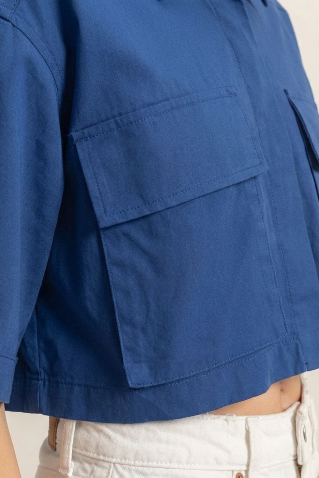 Women’s Cropped Utility Shirt – Oversized Half Sleeve Button-Up Top