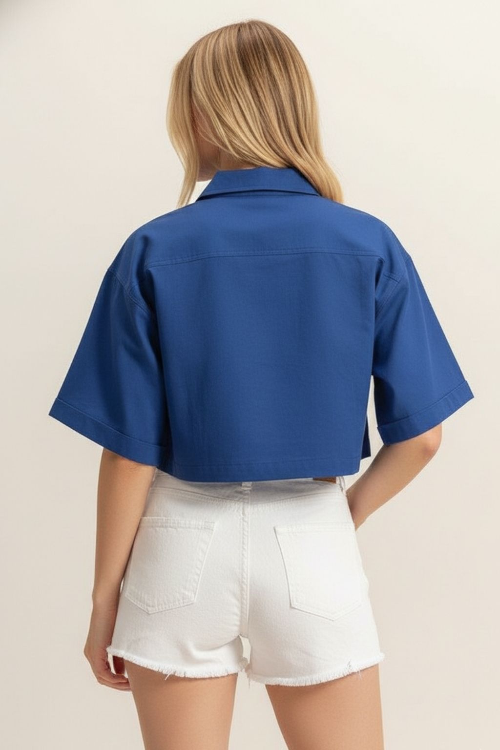 Women’s Cropped Utility Shirt – Oversized Half Sleeve Button-Up Top