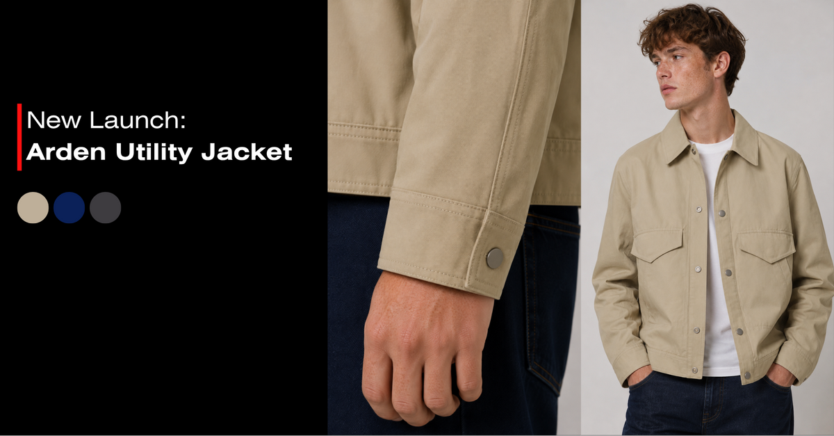 A promotional product image for the Arden Utility Jacket. The left side features a black panel with the text 'New Launch: Arden Utility Jacket' and three color swatches (tan, beige, and navy).