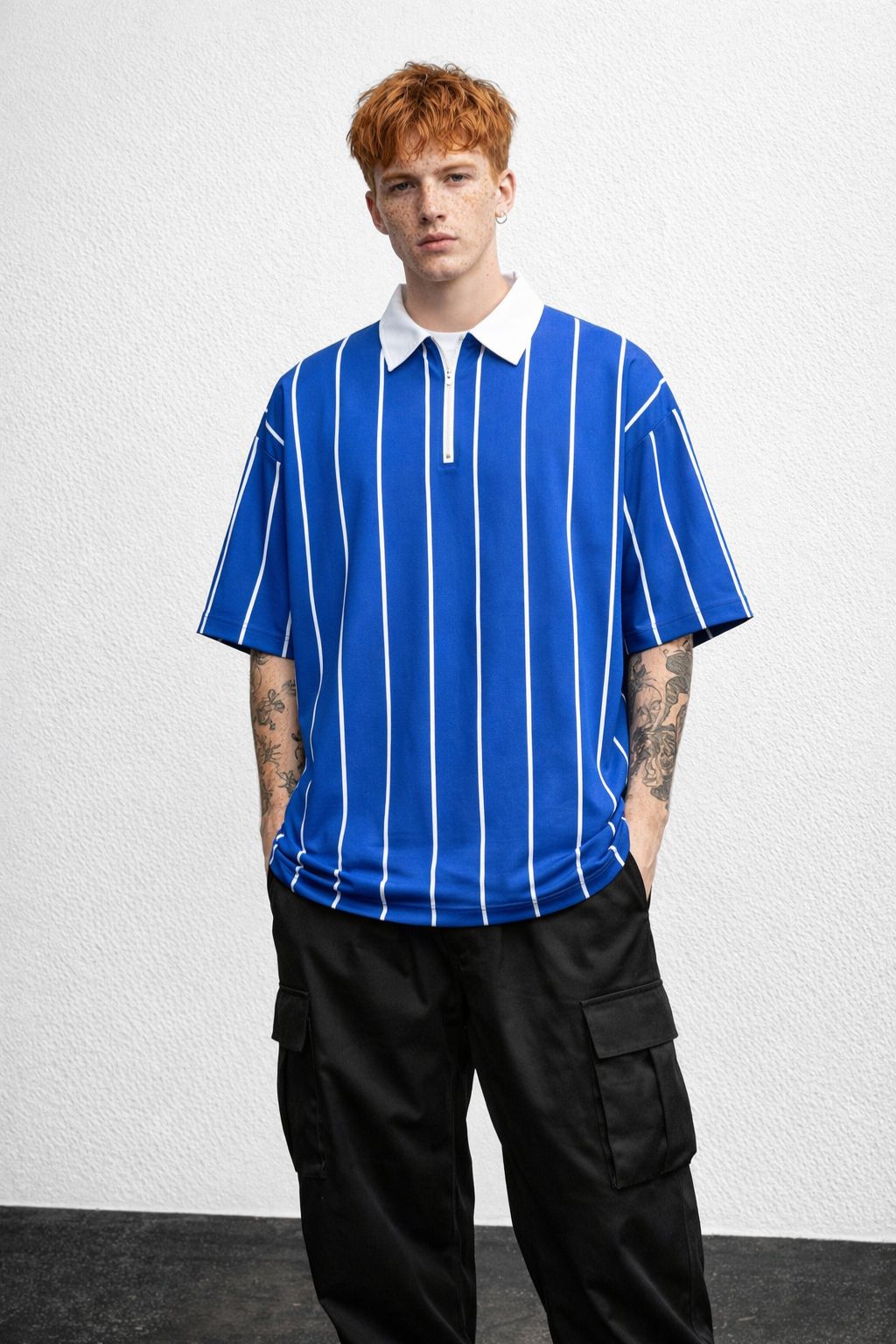 Oversized Blue Stripe Quarter-Zip T-Shirt