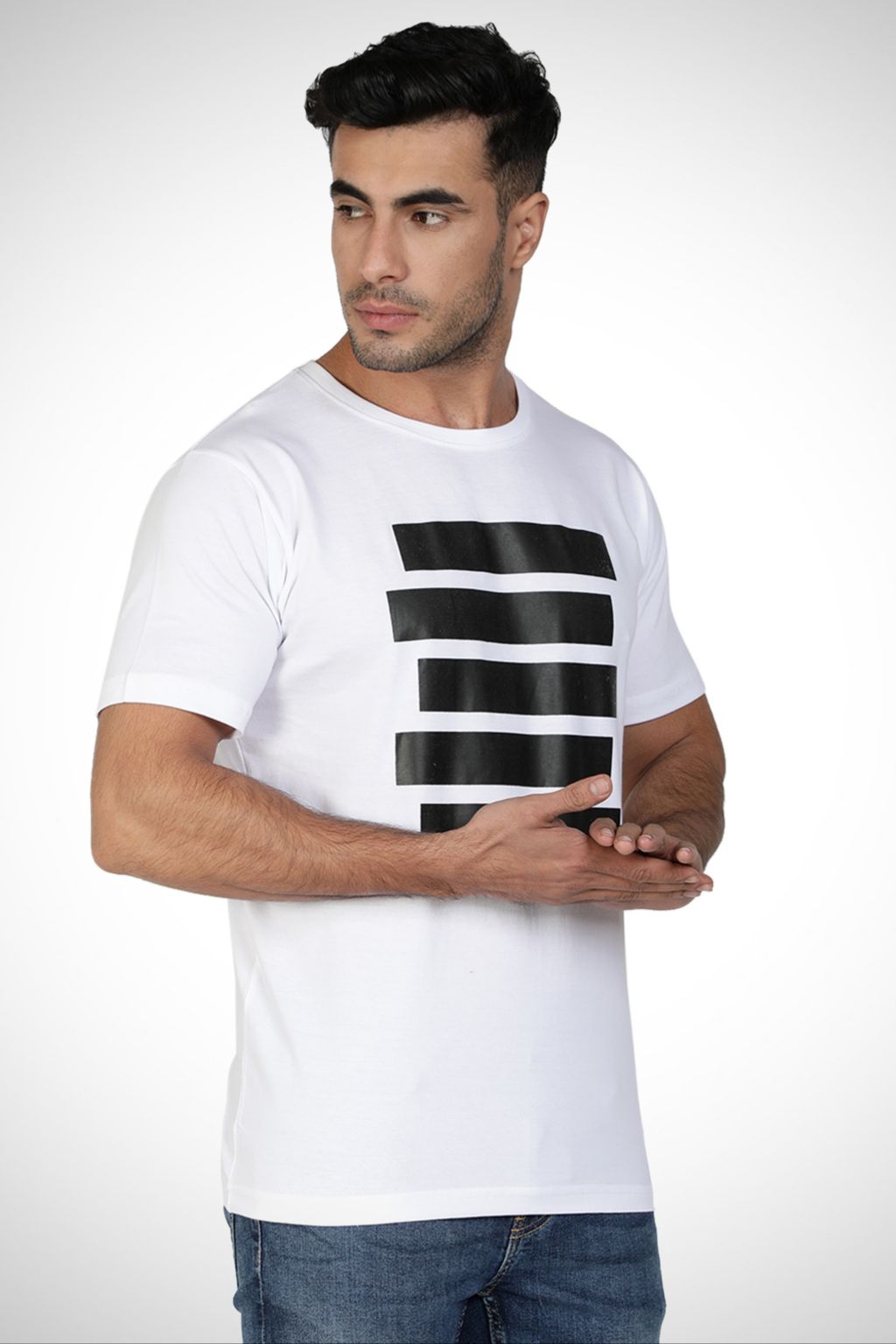 White Printed Ladder Cotton T-shirt for Men