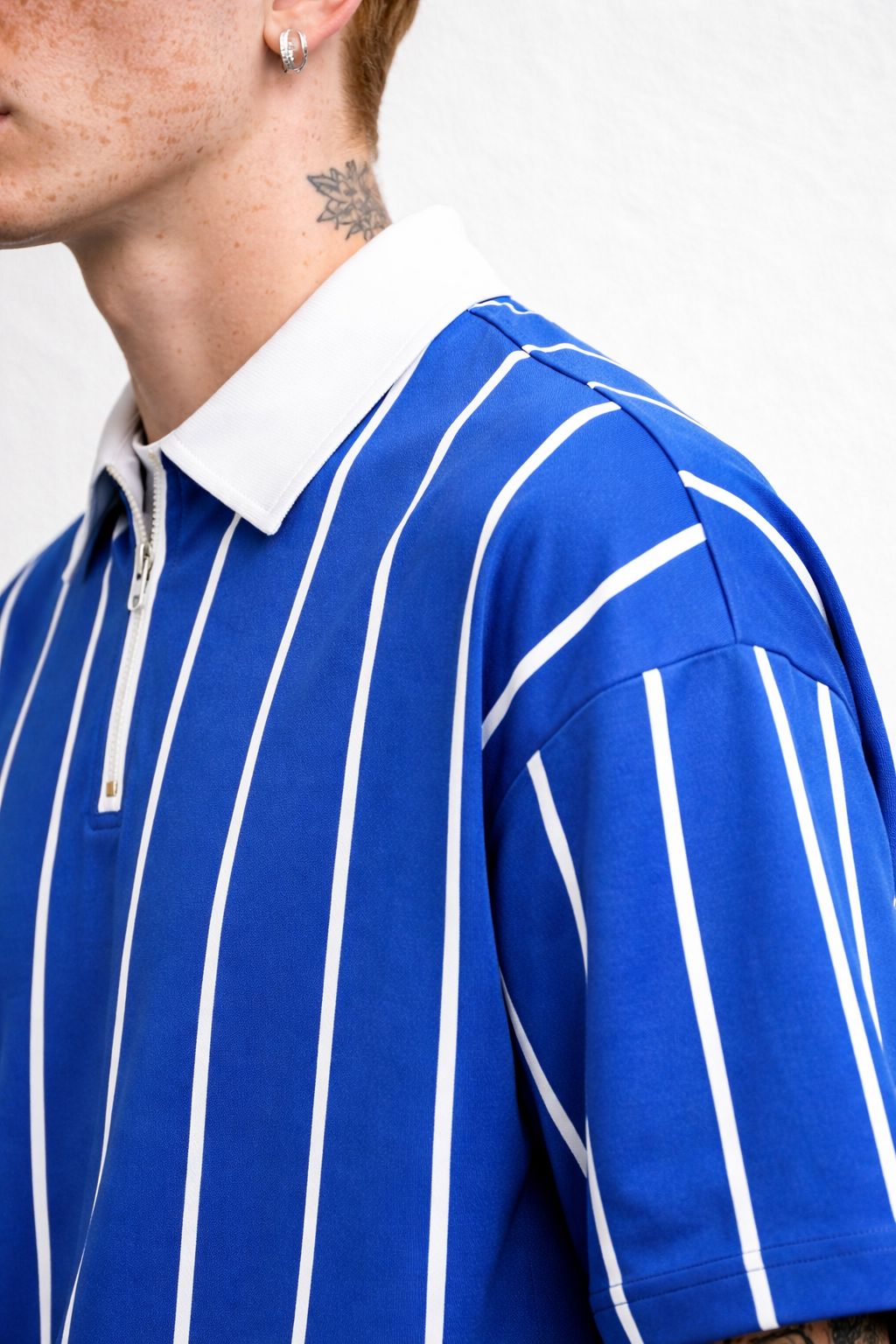 Oversized Blue Stripe Quarter-Zip T-Shirt