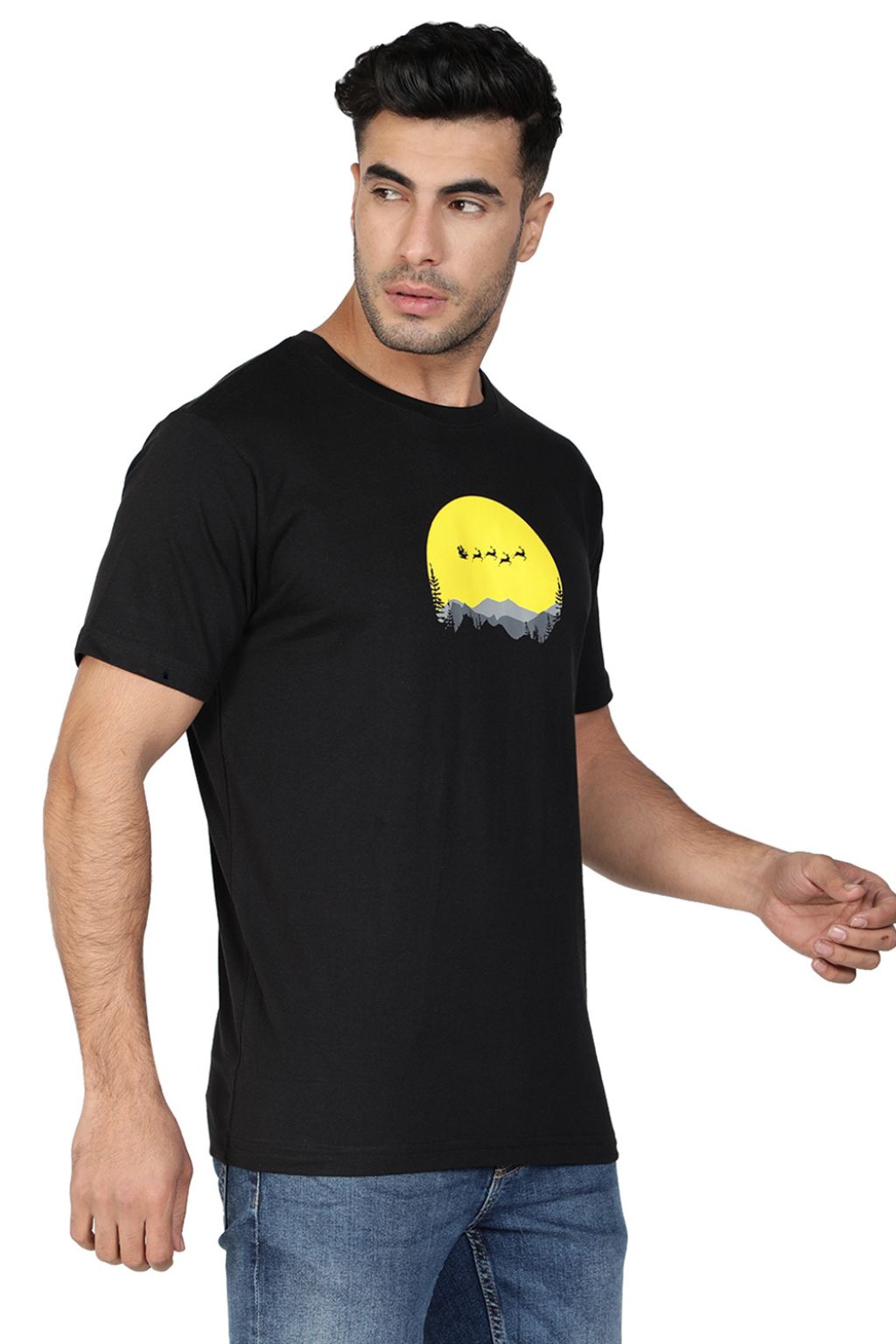 Black Christmas Printed Cotton T-shirt for Men