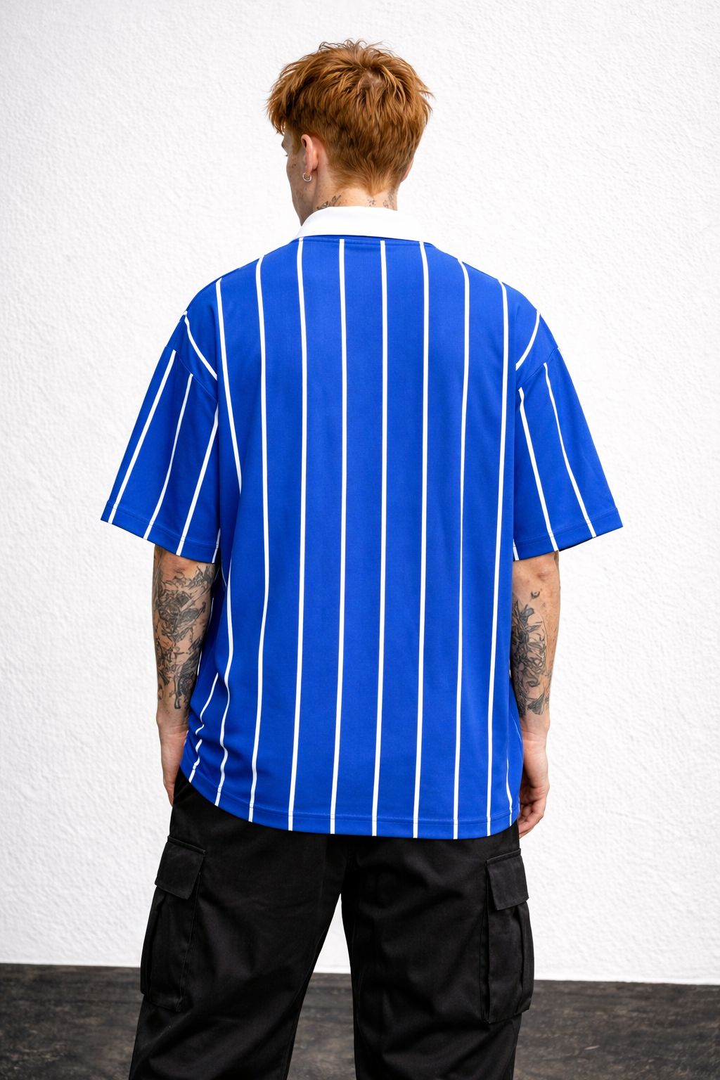 Oversized Blue Stripe Quarter-Zip T-Shirt
