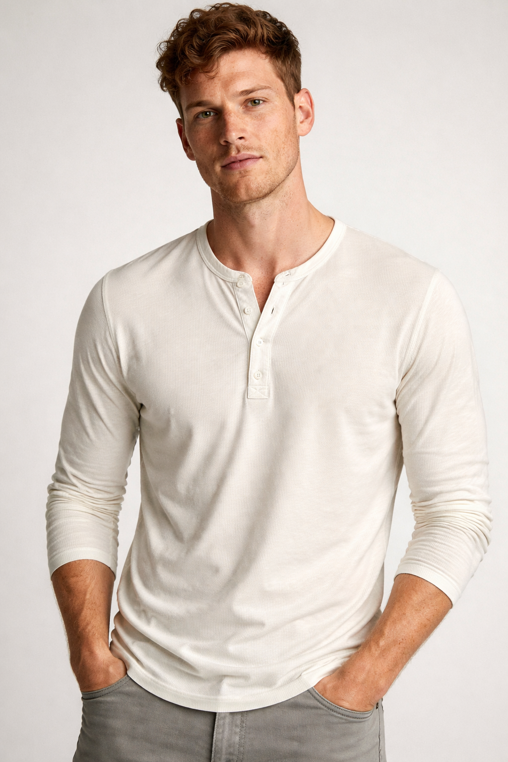 Men’s Off-White Henley Neck Full Sleeve T-Shirt