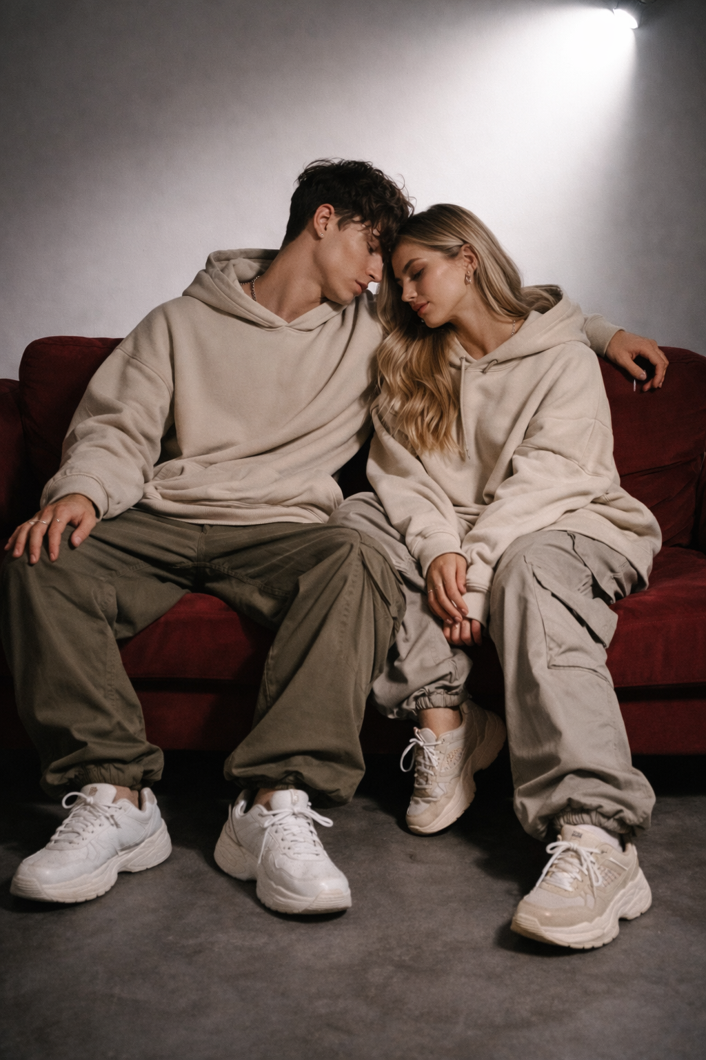 Two people sitting on a red couch wearing matching beige hoodies and pants.