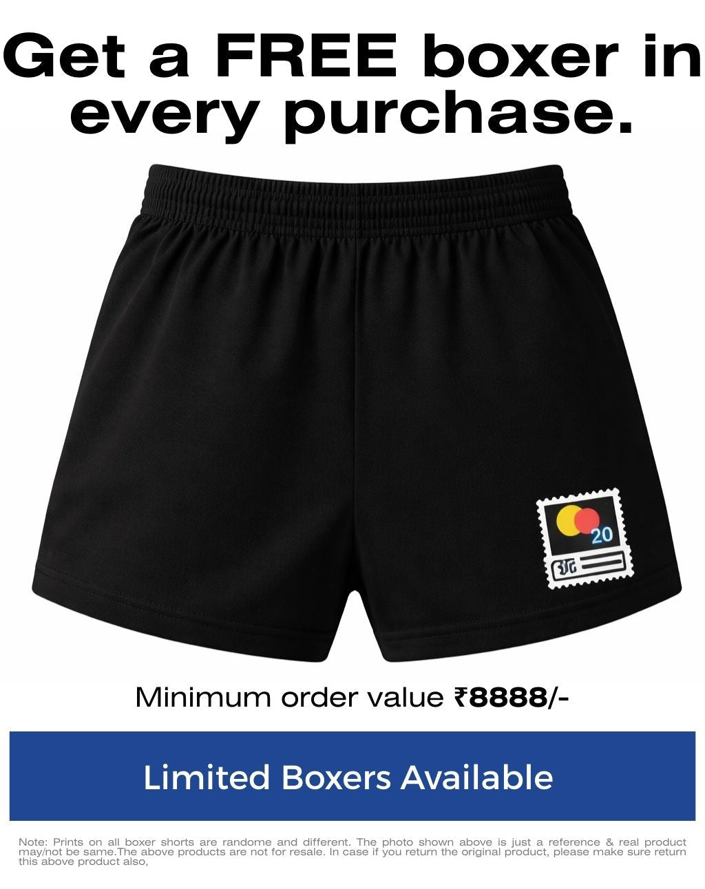 Black shorts with a logo on a white background, promotional text for free boxer offer.