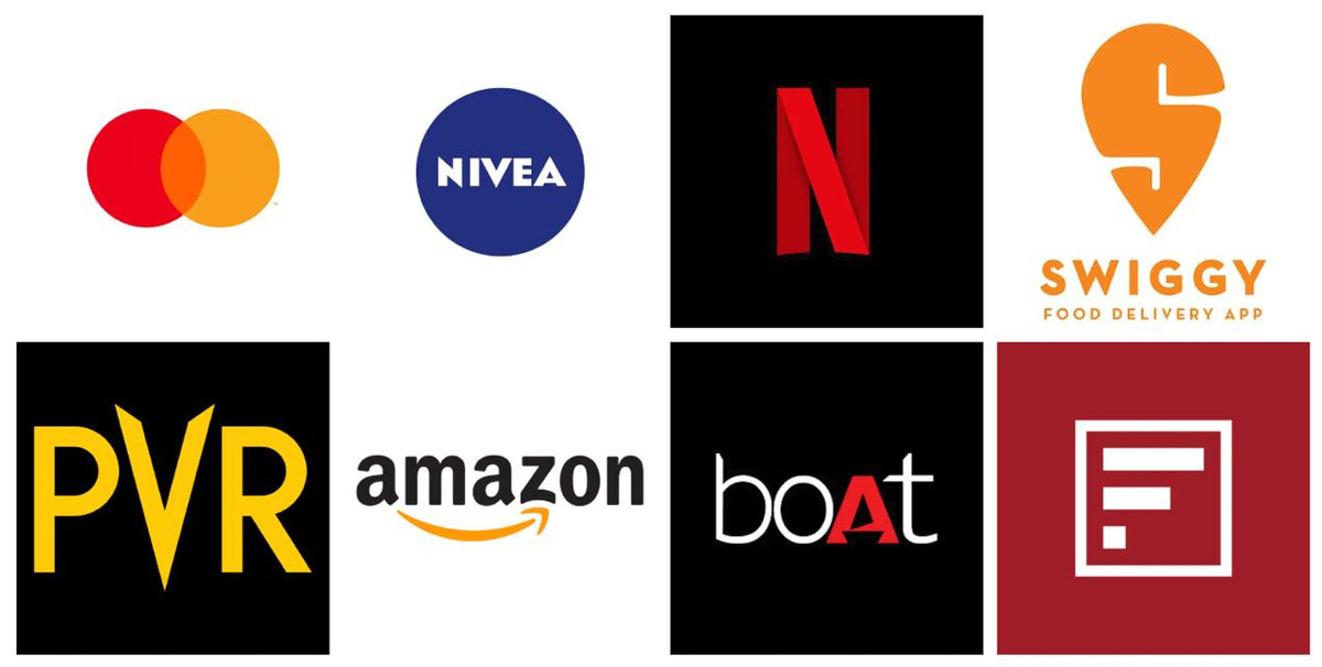 A collage of multiple brand and payment logos on a white background, including Mastercard, Nivea, Netflix, Swiggy, PVR, Amazon, boat, and a red square app logo.